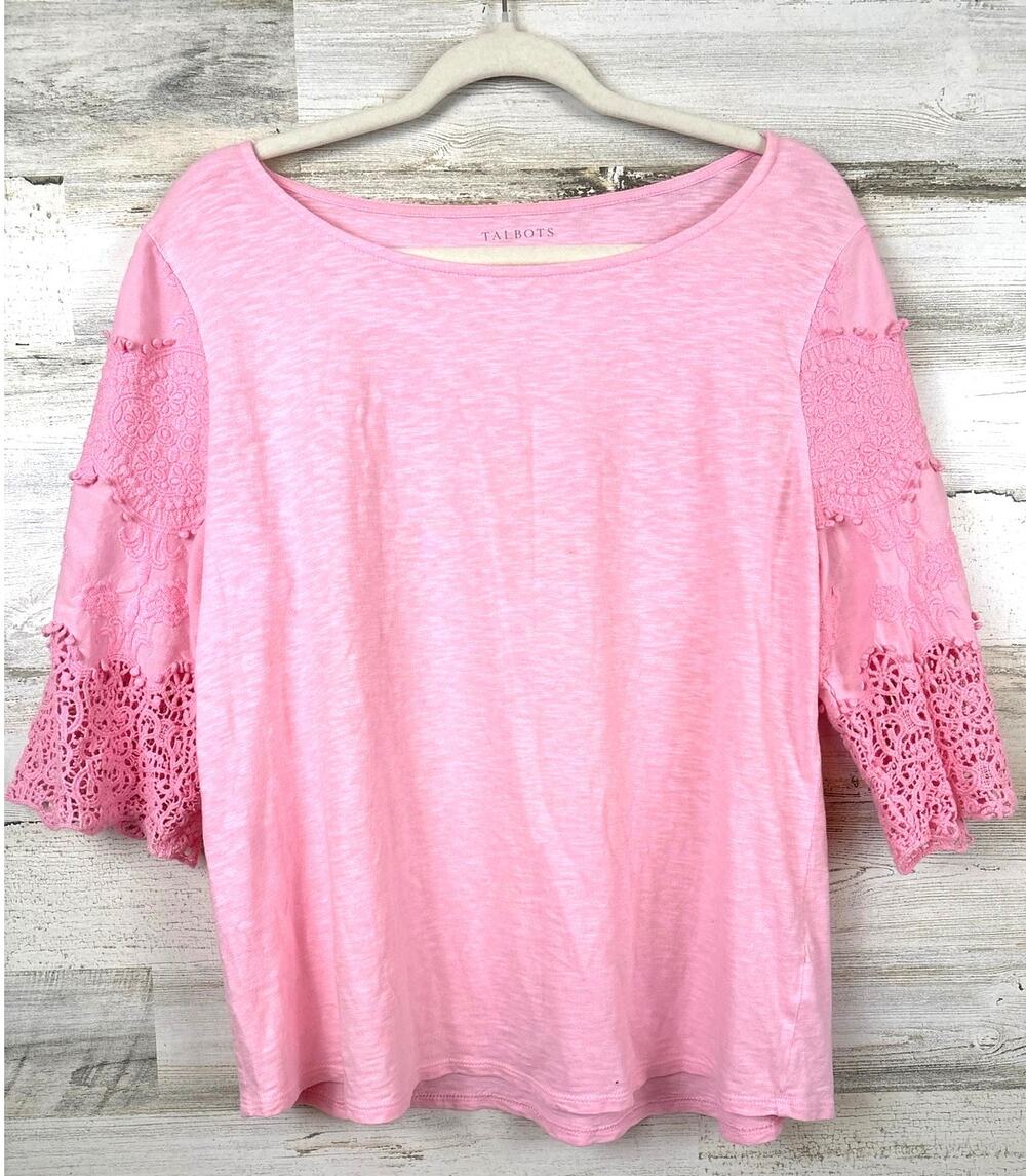 Talbots L Pink Short Lace Sleeve Cotton Top Feminine Coastal Chic Tee